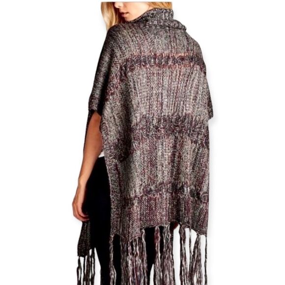 Cowl Neck Tassel Trim Knitted Poncho Cape NEW - Picture 3 of 4